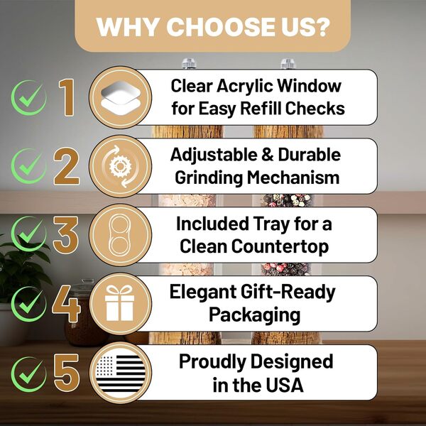 FLAVIVO Ensemble de moulins à sel et à poivre en bois, moulin manuel en acrylique de qualité supérieure avec noyau en céramique réglable et support en bois, shaker rechargeable de 20,3 cm (2 pièces