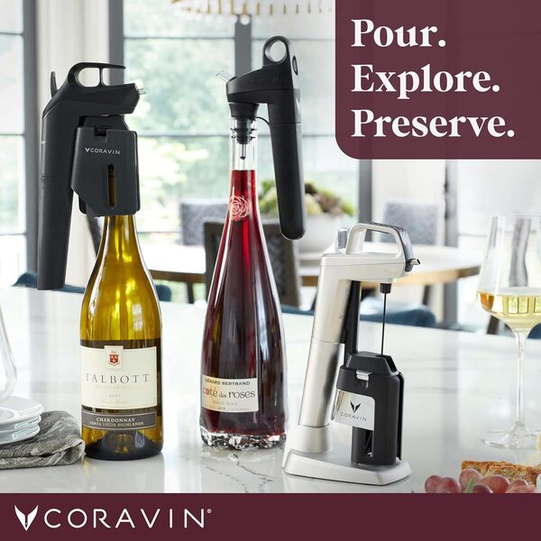 Coravin Timeless Three Plus Wine Preservation System - By-the-Glass Wine Saver - With 2 Pure Argon Gas Capsules & Wine Aerator - Black