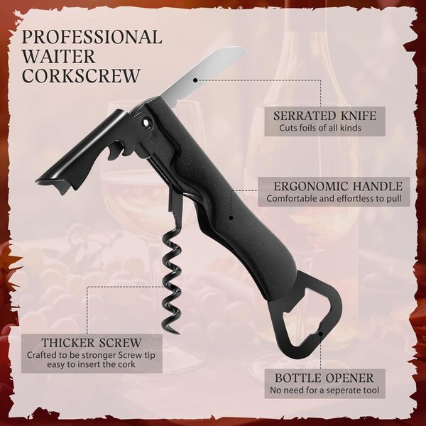 Hushee Lot de 24 tire-bouchon multifonction 3 en 1 en acier inoxydable avec coupe-capsule, pour barmen et boissons (noir)