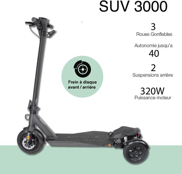 Wispeed SUV3000 - Trottinette Électrique Unisexe pour Adulte Pliable 3 Roues - Spécial Longs Trajets Autonomie 40km - Pneus Renforcés - Double Système de Freinage à Disque - Noire