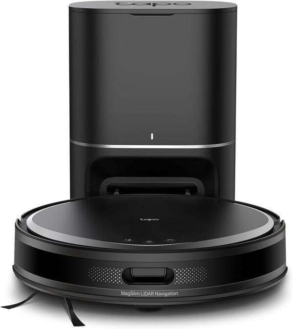 TP-Link Tapo RV20 Max Plus 5300 Pa Robot aspirateur et Balai à Franges avec Navigation LiDAR MagSlim™, Design Ultra-Fin, Station d'accueil à Vide Automatique, Nettoyage Intelligent Personnalisable et