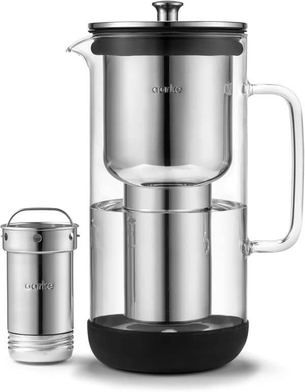 Aarke Purifier, Carafe d'eau Filtrante en Verre et en Acier Inoxydable, 2.4L + Lot De 3 Sachets De Recharge De Filtres Enriched