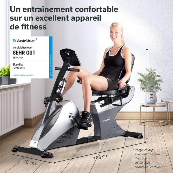 Skandika Centaurus Ergomètre inclinable, 13 kg, 12 programmes d'entraînement préinstallés et commande Bluetooth pour smartphone/tablette avec Google Street View