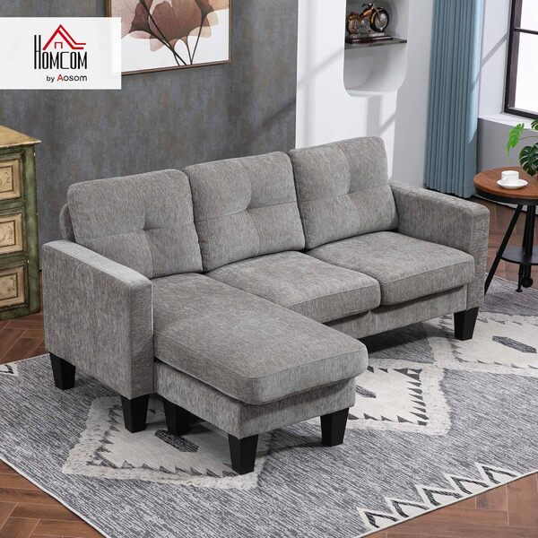 HOMCOM Canapé d'angle avec péninsule réversible, coussin d'assise et de dossier, canapé-lit 3 places en tissu effet chenille, 186x130x84 cm, marron