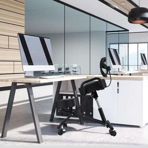 Chaise ergonomique à genoux - Correction de posture réglable - Coussin en cuir - Cadre en acier respirant - Support dorsal avec roulettes - Pour la maison et le bureau - Noir