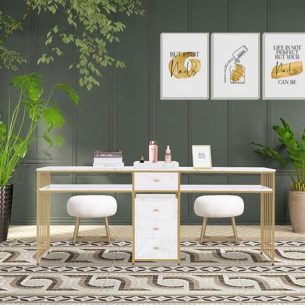 M MCombo Table Onglerie Professionnelle Avec Tiroirs, Étagère, Coiffeuse Sans Miroir, Marbre Blanc Or, 50 x 200 x 86cm, 2413