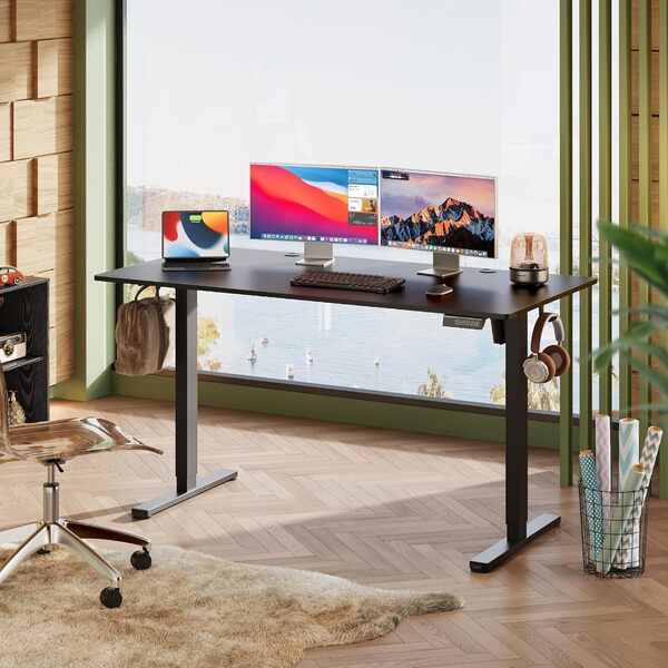 DEVAISE Bureau Assis Debout Électrique, Plateau Monobloc 140x70 cm, Bureau Réglable en Hauteur Réglable de 72 à 120 cm avec Panneau Intelligent à 3 Mémoires pour Télétravail, Noir