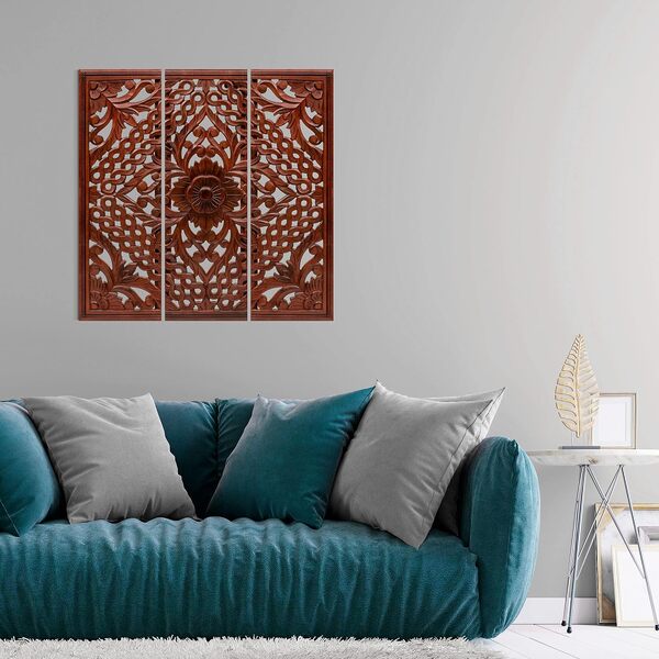 Lot de 3 plaques murales en bois sculpté à la main – Grande taille 91,4 x 30,5 cm – Motif floral élégant pour ferme, salon, chambre à coucher, bureau – Brûlé