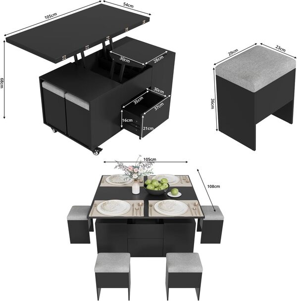 VOWNER Table Basse Relevable, Table de Salon Multifonctionnelle 3 en 1, Extensible en Table à Manger de Salon, Table Basse Plateau Relevable, avec Con 4 Tabourets e Rangement Caché, Noir