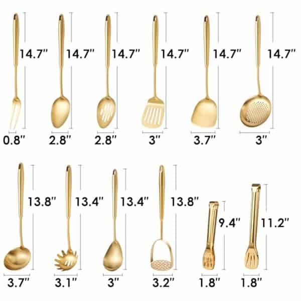 Découvrez le set d'ustensiles de cuisine en laiton mat doré : qualité professionnelle et design raffiné pour sublimer vos préparations culinaires.