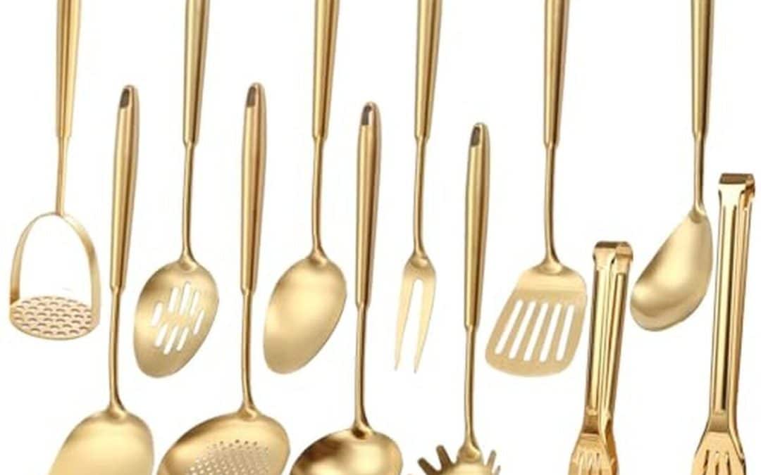 Test ensemble d'ustensiles de cuisine dorés 12 pièces en laiton mat