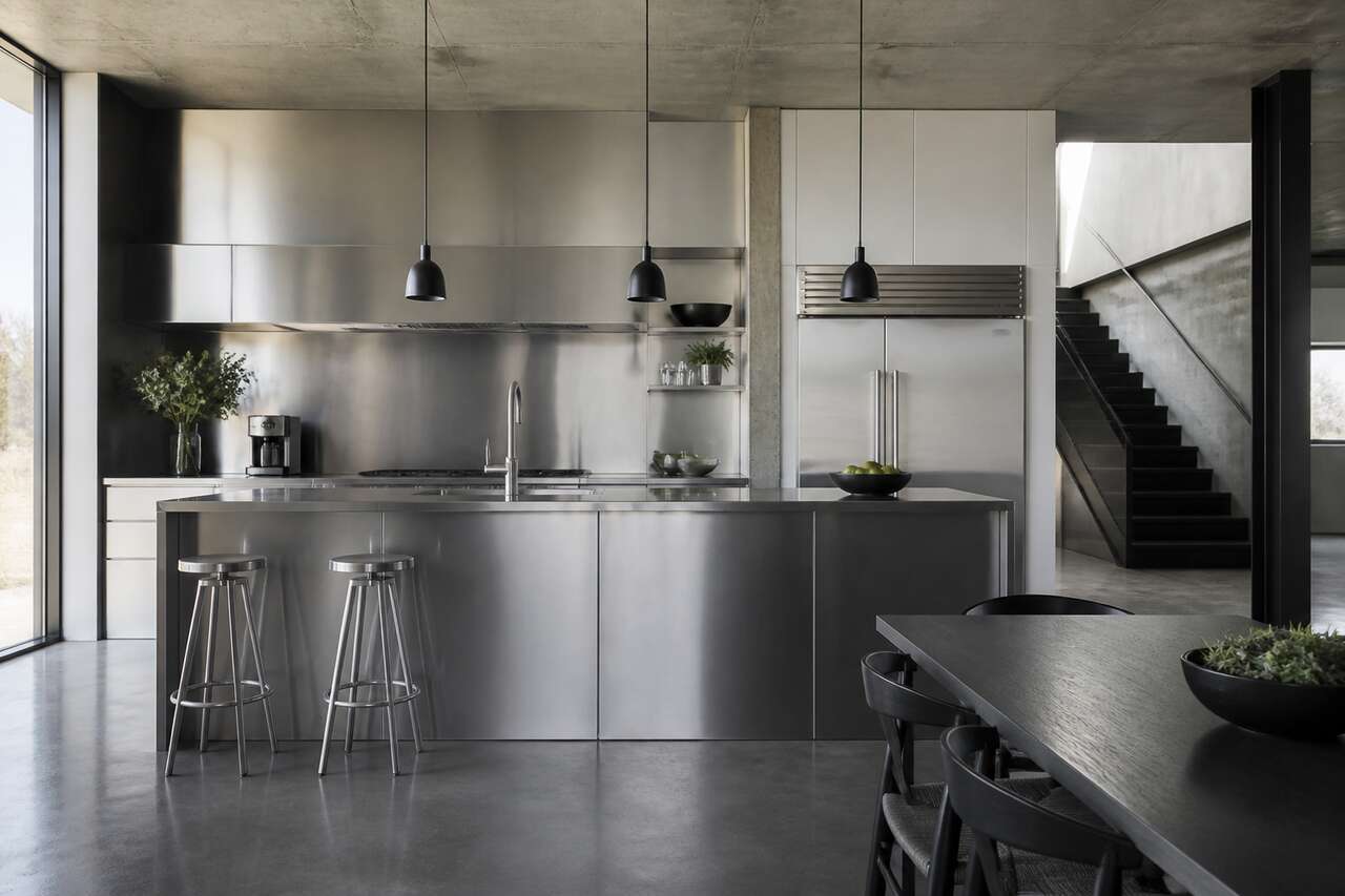L'esthétique industrielle s'invite à la maison : inox, métal brossé et lignes épurées