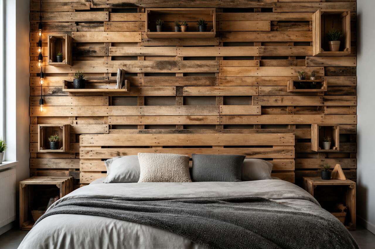 Id&eacute;es murales: t&ecirc;te de lit, &eacute;tag&egrave;res et mur accent en palettes