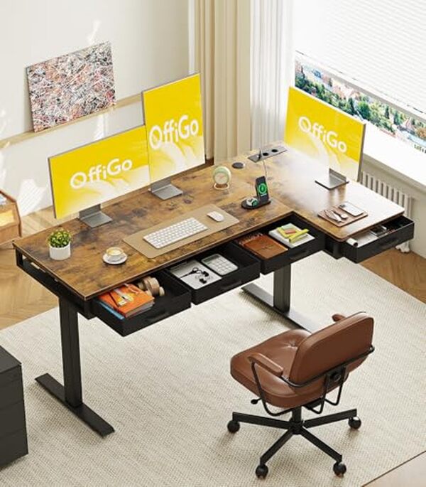 Découvrez le bureau assis debout OffiGo 160x80 cm en angle brun rustique. Design ergonomique, qualité premium et confort optimal pour votre espace de travail. 