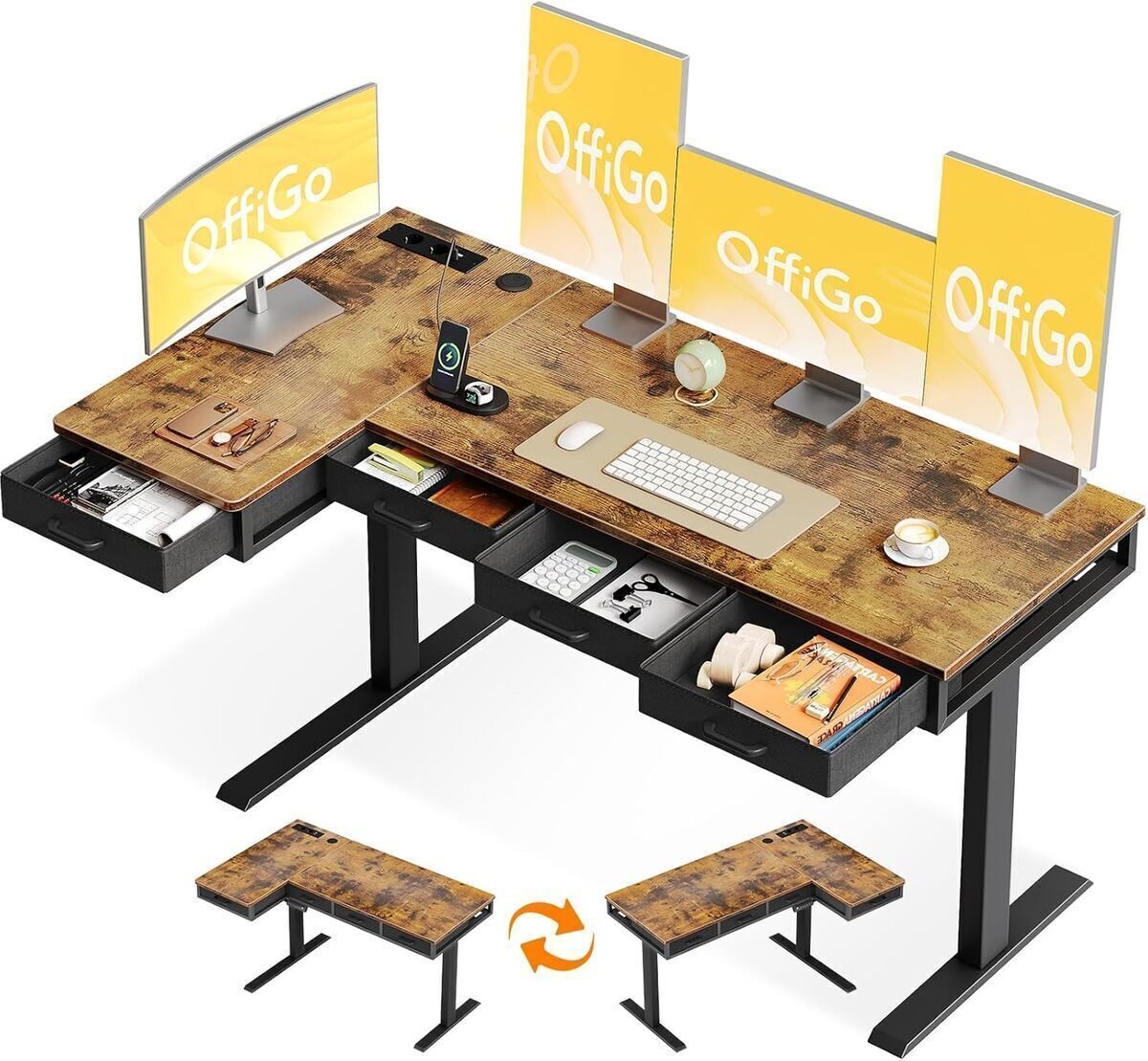Test OffiGo bureau assis debout 160x80 cm angle brun rustique