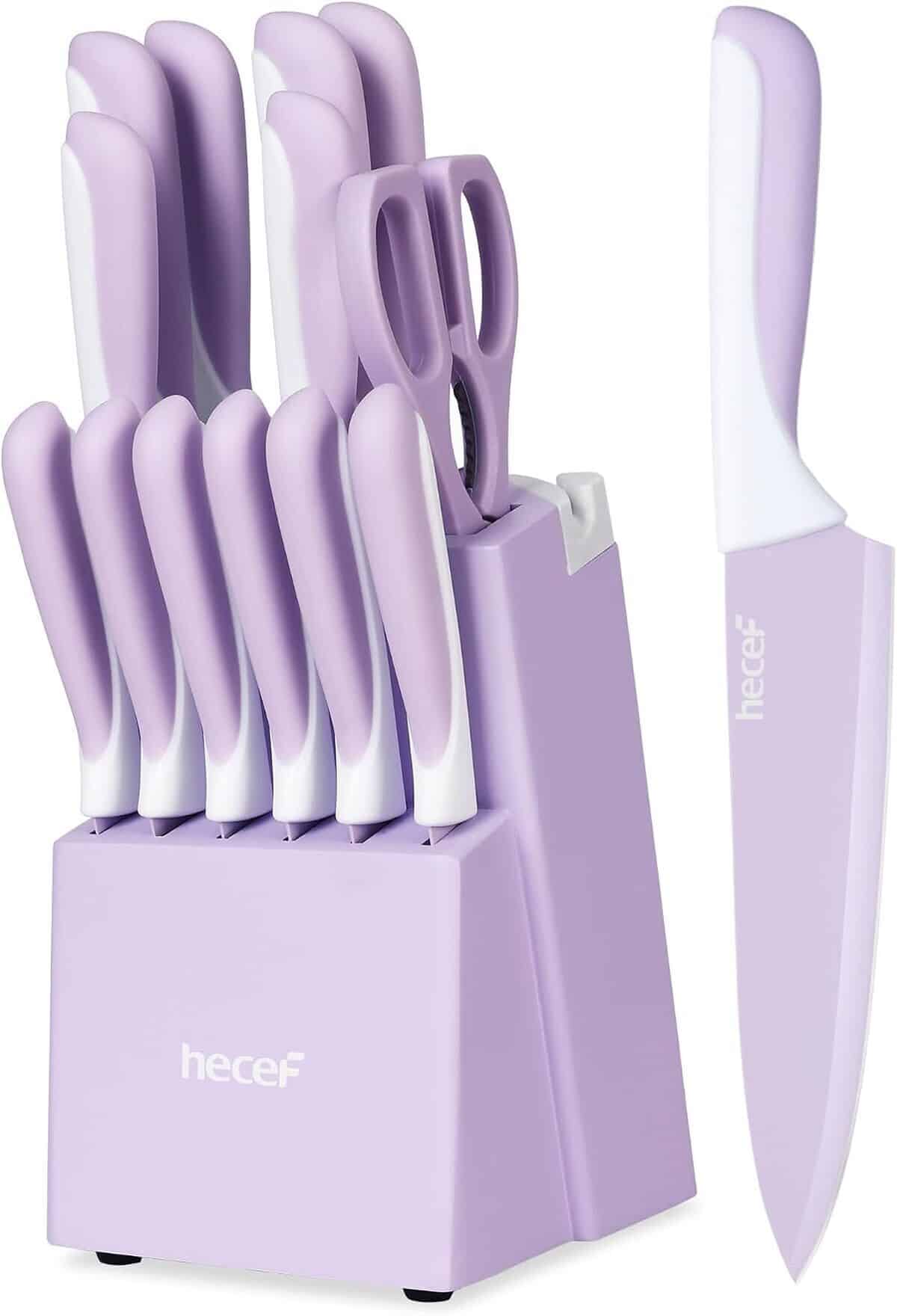 Test : hecef set 14 couteaux antiadhésifs violets avec bloc aiguiseur